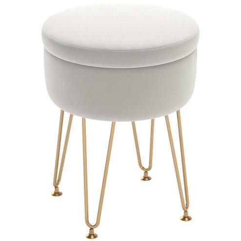 HOMCOM 5L Velvet Storage Ottoman, Modern Round Footstool with Metal Hairpin Legs and Removable Lid, Dressing Table Stool Side Table for Hallway, Bedroom, Living Room, 33 x 33 x 43 cm, Cream White