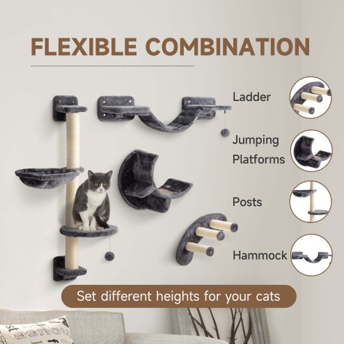 PawHut 4 Piece Cat Shelves, Cat Wall Furniture with Hammock, Scratching Posts, Soft Ladder, Steps, Jump Platforms, for Indoor Kittens - Dark Grey