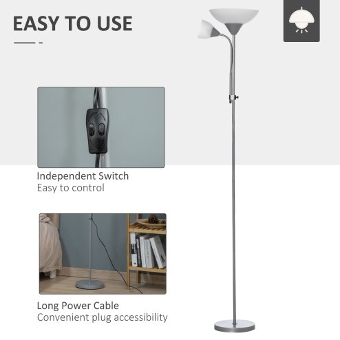 HOMCOM Modern Floor Lamp, Uplighter 2-Light Tall Standing Lamp with Adjustable Heads,  for Living Room, Bedroom, Office