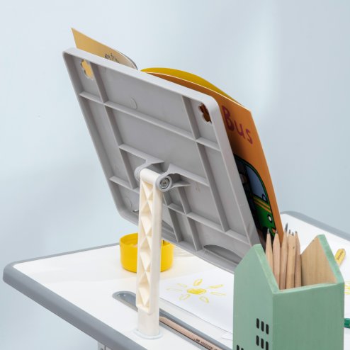 HOMCOM Kids Desk and Chair Set Adjustable Height Study Table Set w/ Drawer, Book Stand, Pen Slot - Grey