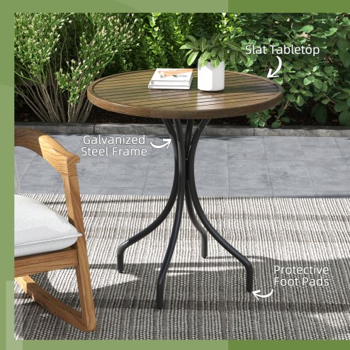 Outsunny 66cm Garden Side Table, Round Bistro Coffee Table, Outdoor Patio Table with Steel Frame and Slat Tabletop for Balcony and Porch, Brown Wood Grain