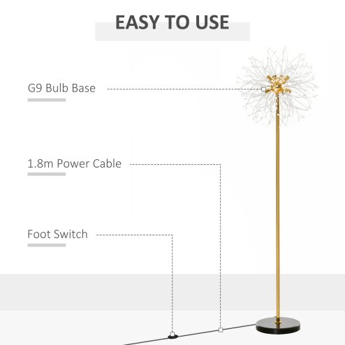 HOMCOM Floor Lamp, Crystal Fireworks Standing Lamp, Metal Golden Pole Tree Lighting with Foot Switch, 8 Lights, G9 Bulb Base, for Living Room, Bedroom