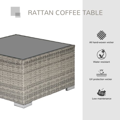 Outsunny Rattan Garden Coffee Table, 65 cm Square Garden Rattan Table with Tempered Glass Top, All-Weather Wicker Bistro Outdoor Furniture for Patio, Balcony, Porc, Grey