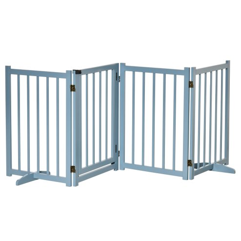 PawHut Wooden Dog Gate, Dog Fence Indoor, 80 cm Tall Freestanding Pet Gate for Small and Medium Dogs with 4 Panels, 2 Support Feet, Blue-Grey