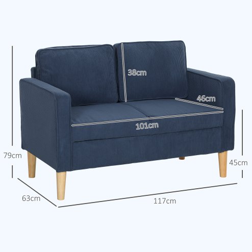 HOMCOM 2 Seater Sofa with Storage, Compact Loveseat Sofa with Solid Wood Legs, Corduroy Small sofa Settee for Living Room, Bedroom, Home Office, 117 x 63 x 79cm, Blue