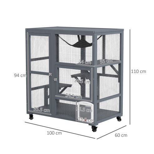 PawHut Cat Cage House, Catio Cat Indoor Enclosure on Wheels, Weather-Resistant Wooden Kitty Cage with Platforms, Hammock, Light Grey