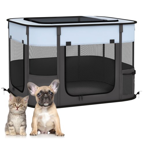 PawHut Dog Pen, Pet Playpen, Portable Foldable Dog Cat Playpen Soft Pet Cage with Storage Bag for Puppies, Rabbits, Kittens, Guinea Pigs, 74 x 60 x 45cm - Grey
