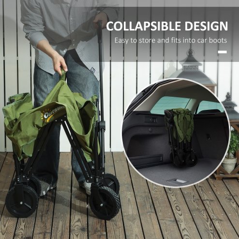 Outsunny 120L Festival Trolley on Wheels, Folding & Compact Camping Trolley Cart with Adjustable Handle for Garden, Beach, Fishing, Green