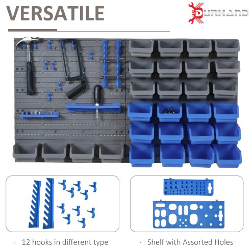 DURHAND 44 Pcs On-Wall Garage DIY Storage Unit with 28 Cubes 10 Hooks 2 Boards Screws Organisation Pegboard Tool Equipment Blue