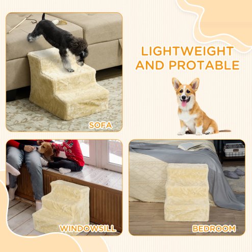 PawHut Dog Steps for Sofa, 3 Steps Dog Stairs, Pet Stairs, with Washable Plush Cover, for Small Breeds, Cats - Beige