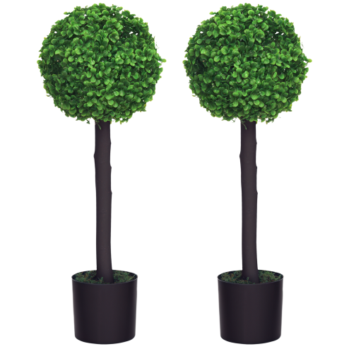 HOMCOM Set of 2 Decorative Artificial Plants Boxwood Ball Trees in Pot Fake Plants for Home Indoor Outdoor Decor, 60cm