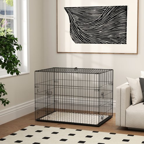 PawHut Dog Crate, Folding Metal Dog Cage with Two Doors, Tray, Soft Cushion, for Large Dogs, 91 x 62 x 68 cm, Black