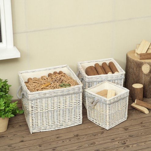 Outsunny Set of 3 Log Baskets for Wood Burner Indoor, Round torage Basket with Lining and Rope Handles for Fireside Storage, Blankets, Beige