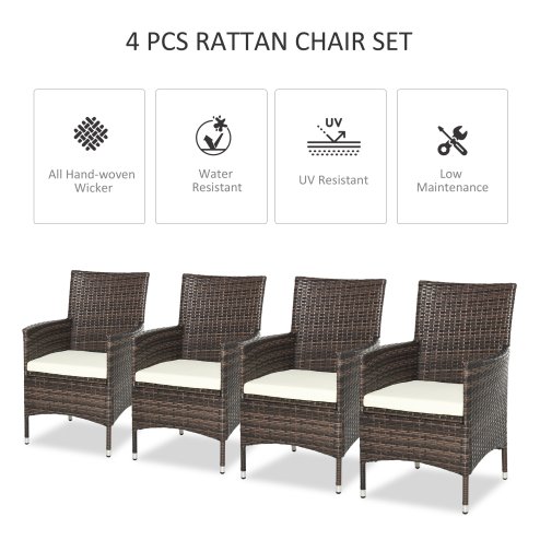 Outsunny 4 Pieces Outdoor PE Rattan Dining Chairs Set with Cushion, Garden Armchair with Armrests, High Backrest, Metal Frame Patio Wicker Furniture, Mixed Brown