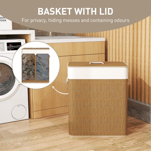 HOMCOM Double Laundry Basket with Lid, 100L Bamboo Laundry Hamper with Rope Handles, Washing Basket with Removable Liner for Bathroom, Bedroom