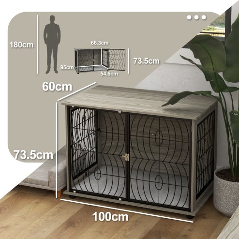 PawHut Dog Crate Furniture, Dog Cage End Table with Large Top, Soft Washable Cushion, Lockable Front Door, Wire Mesh Ventilation, Indoor Pet Crate for Large Sized, 100 x 60 x 74cm - Grey