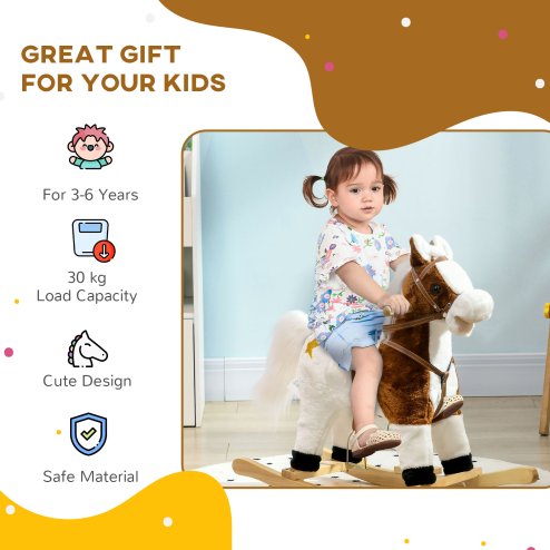 HOMCOM Rocking Horse with Music, Sound, Wagging Tail, Kids Ride On Horse with Saddle Gift for Ages 3-6 Years, Brown
