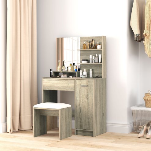 HOMCOM Dressing Table with Mirror and Stool, Vanity Table, Modern Makeup Desk with Drawer, Storage Cabinet and Adjustable Shelf for Bedroom, Natural Wood Finish