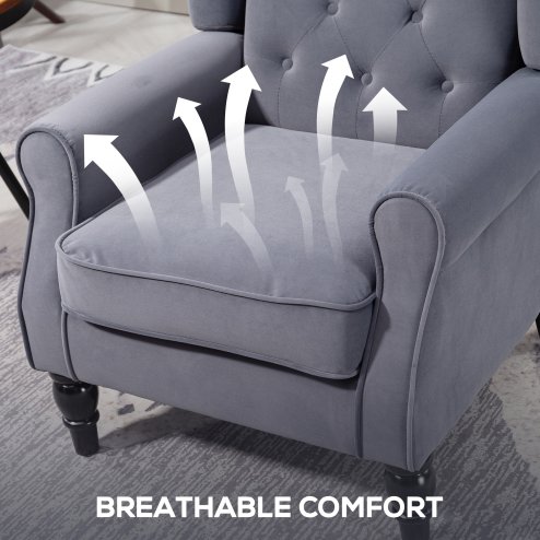 HOMCOM Retro Accent Chair, Velvet Wingback Armchair with Wood Frame Button Tufted Design for Living Room Bedroom, Charcoal Grey