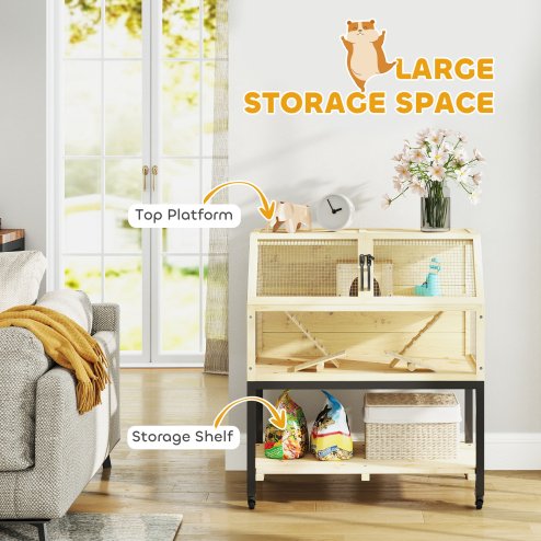 PawHut Hamster Cage, Wooden Gerbil Cage with Storage Shelf, Wheels, Ramps, Water Bottle, Hut, Seesaws, for Dwarf, Syrian, Gerbil