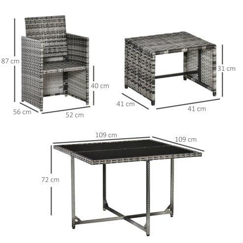 Outsunny 8 Seater Rattan Cube Garden Furniture Set, Rattan Dining Set with Cushions, Outdoor Dining Table and Chairs with 4 Armchairs, 4 Stools, Square Glass Top Table, Mixed Grey