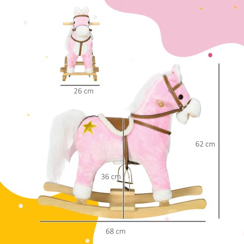 HOMCOM Kids Rocking Horse, Plush Ride On Horse with Music, Sound, Saddle, Wooden Base, Ride On Toy for Ages 3-6 Years - Pink