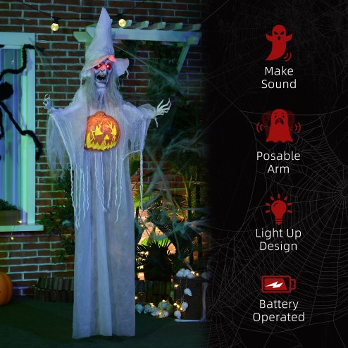 HOMCOM 6ft Outdoor Halloween Decoration Witch with Pumpkin, Standing Skeleton Witch Prop Life Size with Sound and Motion Activated, Light Up Eyes, Laughing Sound, Posable Arms, White
