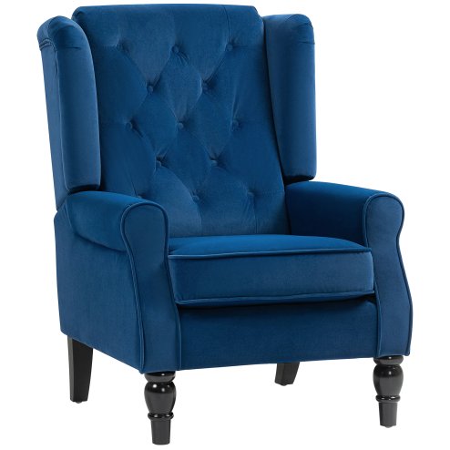 HOMCOM Retro Accent Chair, Velvet Wingback Armchair with Wood Frame Button Tufted Design for Living Room Bedroom, Blue