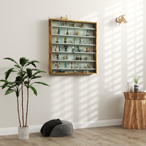 HOMCOM 7-Tier Wall Mounted Display Cabinet, Display Case with 6 Adjustable Shelves, Glass Doors for Home Office Ornaments 83x80cm, Rustic Brown