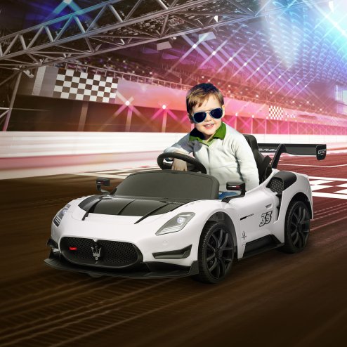 AIYAPLAY Maserati GT2 Licensed 12V Electric Car for Kids, Kids' Electric Ride on with Suspension System, Remote Control, USB, Music, Horn, Lights, Auxiliary Wheels, for Ages 3-5 Years, White