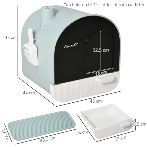 PawHut Cat Litter Box Kitten Litter Tray w/ Hood, Scoop, Filter, Flap Door, 43 x 44 x 47cm - Green
