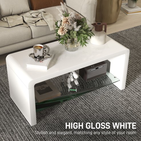 HOMCOM High Gloss Coffee Table with Storage, Two-Tier Living Room Table with Glass Shelf, Modern Centre Table for Home Office, 100 x 45 x 45cm, High Gloss White