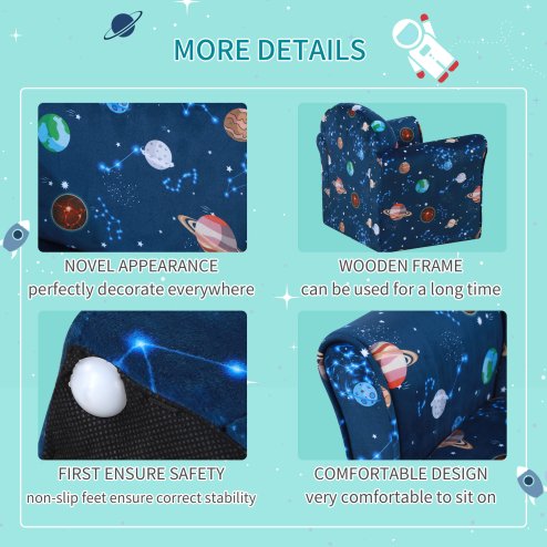 HOMCOM Children's Armchairs Toddler Chair Kids Mini Sofa Planet-themed w/ Non-slip Feet, for Bedroom, Blue