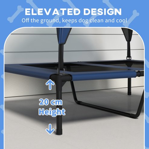 PawHut Cooling Raised Dog Bed, Elevated Pet Bed with Breathable Mesh, UV Protection Canopy, Foot Pads, for Indoor Outdoor, Medium, Large Dogs, 91 x 76 x 89cm - Dark Blue
