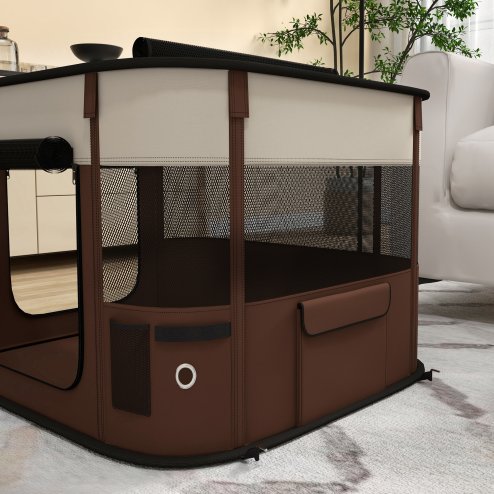 PawHut Dog Pen, Pet Playpen, Portable Foldable Dog Cat Playpen Soft Pet Cage with Storage Bag for Puppies, Rabbits, Kittens, Guinea Pigs, 74 x 60 x 45cm - Brown