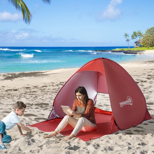 Outsunny Pop up Beach Tent, UV 30+ Portable Sun Shelter with Carry Bag, 2x1.5m for 2-3 Person, Red