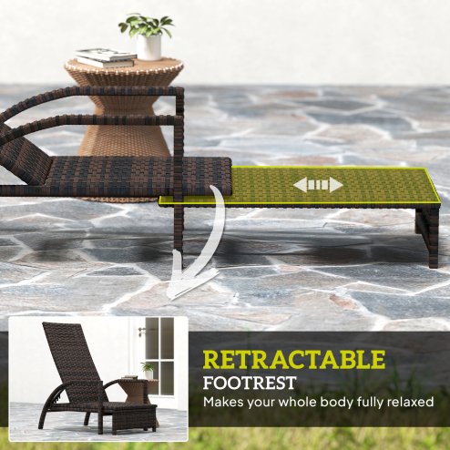 Outsunny PE Rattan Sun Lounger, Garden Lounger with 4-Level Adjustable Backrest, Outdoor Sunbed with Retractable Footrest for Balcony, Beach, Patio, Mixed-brown