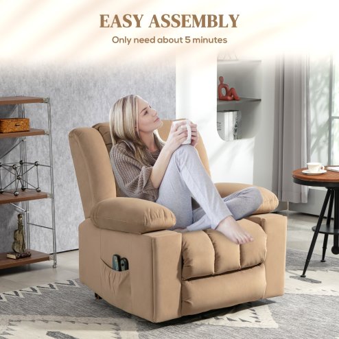 HOMCOM Power Lift Recliner Chair with Vibration Massage and Heat, Electric Lift Chair for Elderly, Overstuffed Fabric Riser and Reclining Armchair with USB Ports, Cup Holders, Light Brown