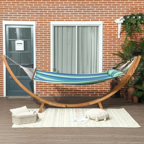 Outsunny Outdoor Hammock with Stand, Garden Hammock with Triple-Head Eucalyptus Wood Arc Frame, 1 Person Cotton Bed and Head Pillow, Freestanding Garden Swing Bed for Patio, Blue Stripe
