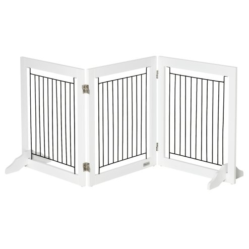 PawHut Freestanding Dog Cate, Foldable Wooden Pet Gate with  - 61cm Tall, for Stairways, Doorways, Hallways, Small Dogs - White