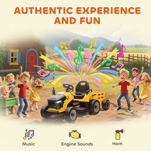 AIYAPLAY Ride on Tractor with Trailer, 12V Electric Vehicle with Remote Control, Ride on Car for Kids with Music, Shifter, Start-Up Sound for Ages 3-8 Years, Yellow