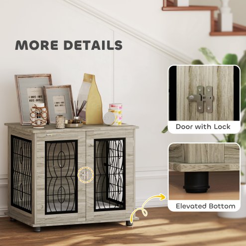 PawHut Dog Crate Furniture, Dog Cage with Soft Washable Cushion, Furniture-Style Pet Kennel Indoor House End Side Table for Small Medium Breeds, 80 x 56 x 63 cm, Grey