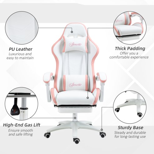 Vinsetto Computer Gaming Chair, PU Leather Office Desk Chair with Footrest, Swivel Wheels, 135?? Reclining Back, Lumbar Support, Headrest for Home, White and Pink