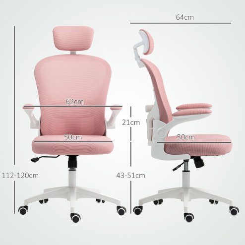 Vinsetto High Back Office Chair, Mesh Computer Desk Chair with Rotatable Headrest, 4D Lumbar Support, Flip-up Arm, Adjustable Height, Pink