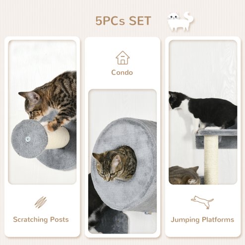 PawHut 5Pcs Cat Wall Furniture with Perch, Cat House, Scratching Post, Wall-Mounted Cat Tree for Indoor Cats - Grey