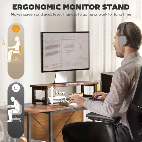 HOMCOM 168cm Reversible L Shaped Desk, Industrial Corner Computer Desk with Adjustable Shelf and Storage Bag, 240cm 2 Person Desk with Monitor Stand, Rustic Brown