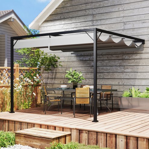 Outsunny 3 x 3(m) Outdoor Lean To Pergola Retractable Canopy Wall Mounted Gazebo Patio Shelter Sun Shade, Grey