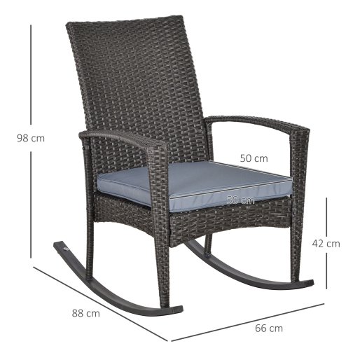 Outsunny PE Rattan Garden Rocking Chair, Outdoor Rocking with Cushion, 160 KG Capacity Wicker Garden Armchair Rocker with Metal Frame for Patio, Porch, Balcony, Grey