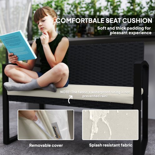 Outsunny 2 Seater Rattan Garden Bench, Outdoor Bench with Cushion, PE Wicker Garden Loveseat with Armrests, Galvanised Steel Frame for Patio, Park, Black