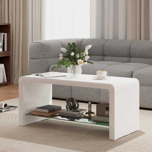HOMCOM High Gloss Coffee Table with Storage, Two-Tier Living Room Table with Glass Shelf, Modern Centre Table for Home Office, 100 x 45 x 45cm, High Gloss White